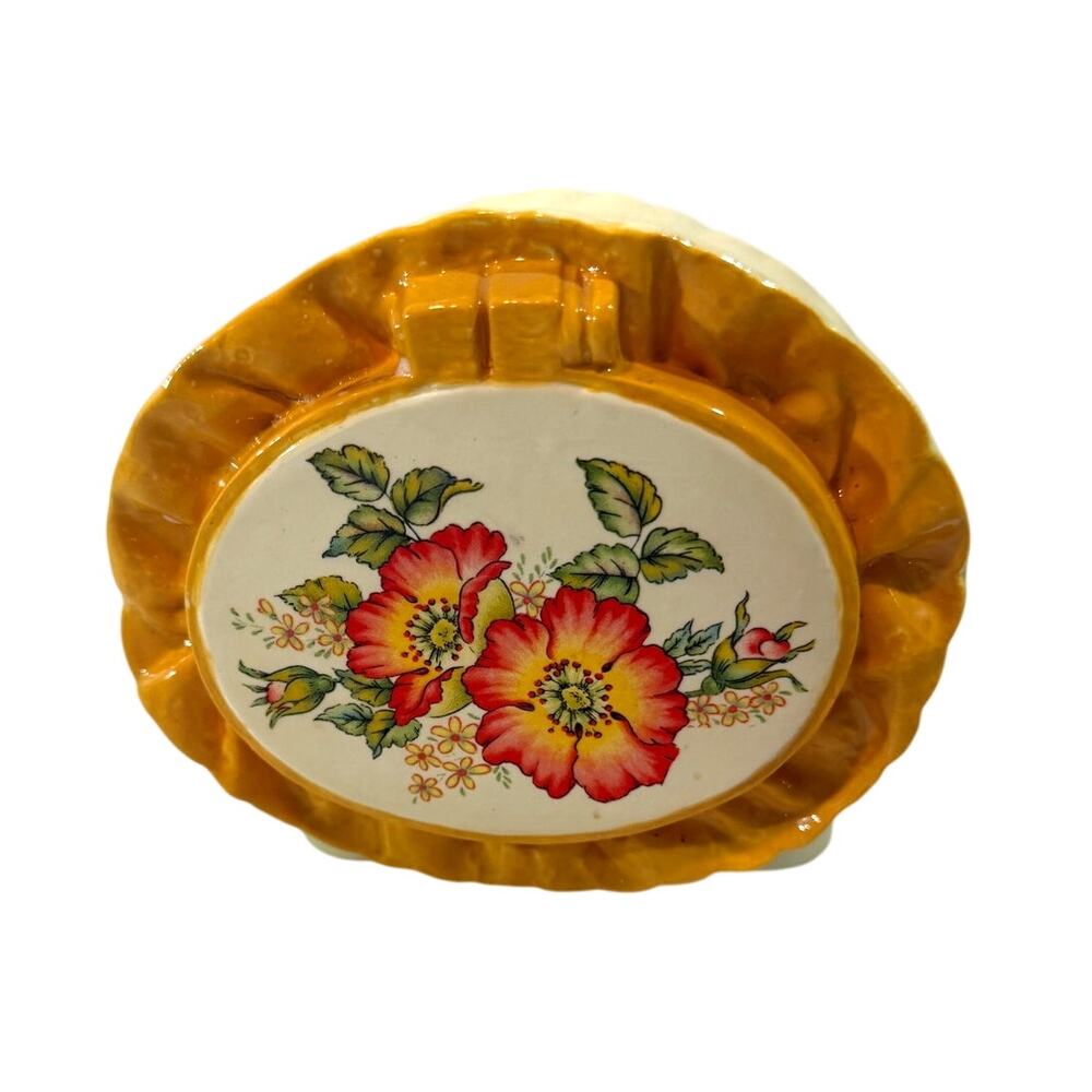 Vintage MCM floral needlepoint napkin holder 1970s gold red floral poppy